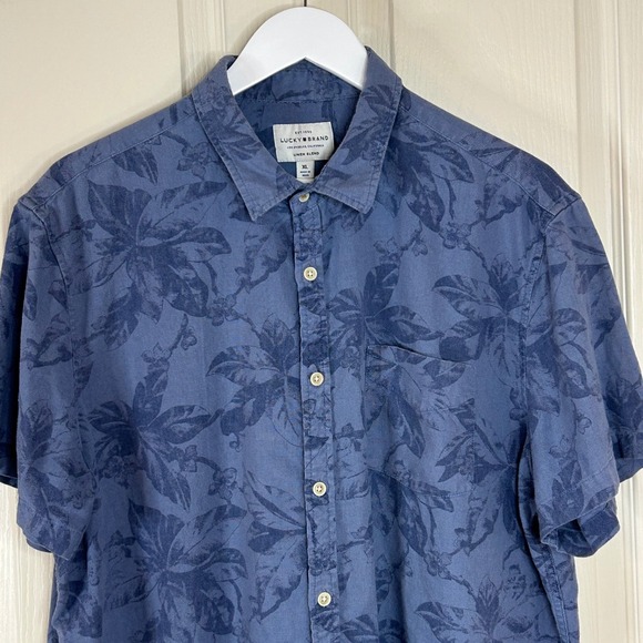 Lucky Brand Mens XL Blue Floral Linen Blend Short Sleeve Button Down Shirt - Picture 1 of 14